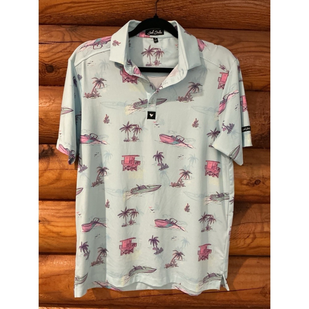 Bad Birdie Polo Shirt Mens Size Small Boating Palm Tree Print Golf Short Sleeve